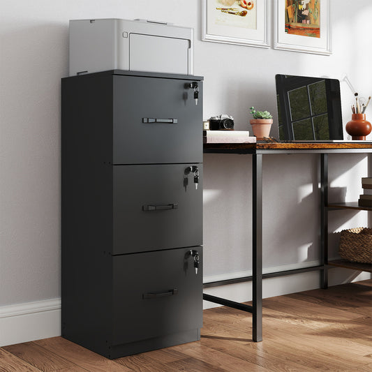 3-Drawer Locking File Cabinet, Vertical Storage Organizer for Office, Home, A4 Letter Size, Anti-Tip Kit, Ink Black