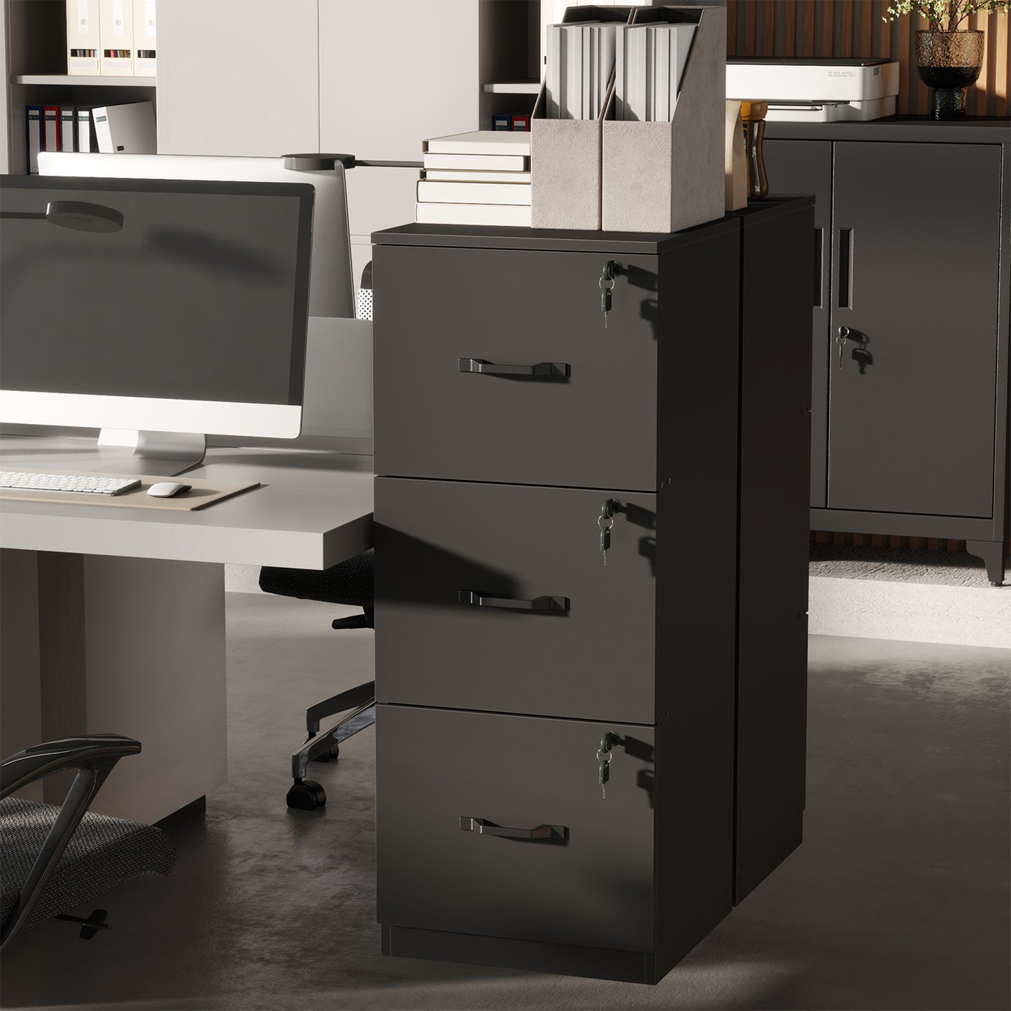 3-Drawer Locking File Cabinet, Vertical Storage Organizer for Office, Home, A4 Letter Size, Anti-Tip Kit, Ink Black