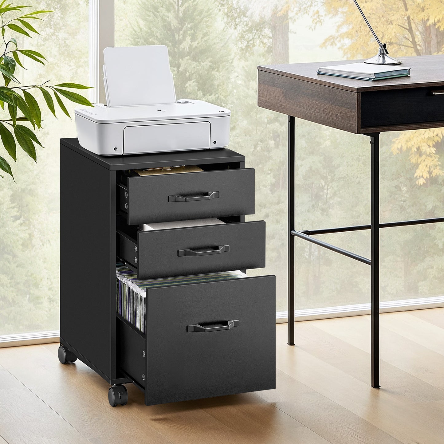 3-Drawer Mobile File Cabinet with Hanging File Folders, Rolling Office Filing Cabinet for A4 & Letter Documents, with Lockable Wheels, Ink Black