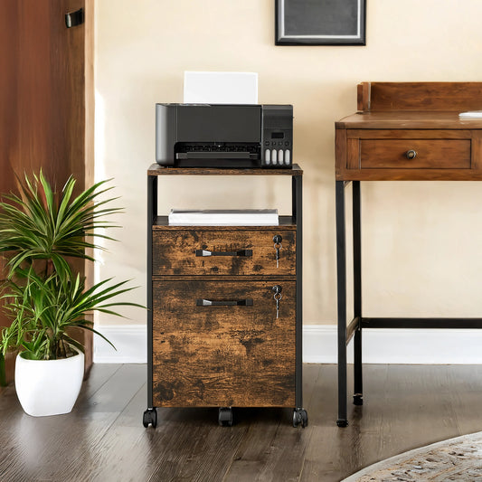 Mobile 2-Drawer File Cabinet with Lock & Wheels, Steel Frame Office Storage for A4/Letter Files, Includes Open Shelf & Locking Casters, Rustic Brown and Black