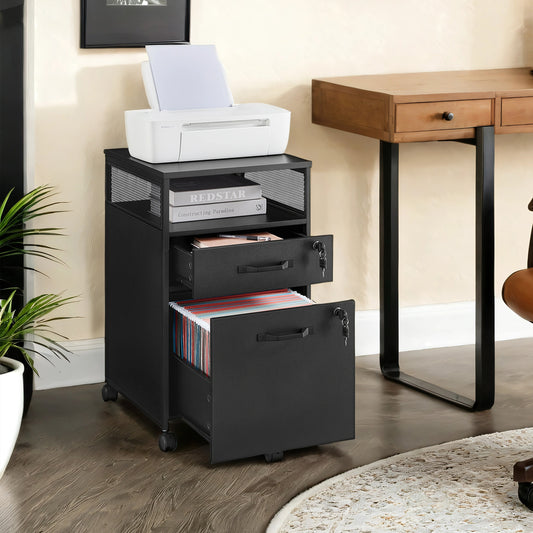 Mobile Office File Cabinet with Wheels, 2-Tier Lockable Drawers & Open Shelf, Steel Frame Storage for A4/Letter Files, Easy Roll & Lock Design, Ink Black