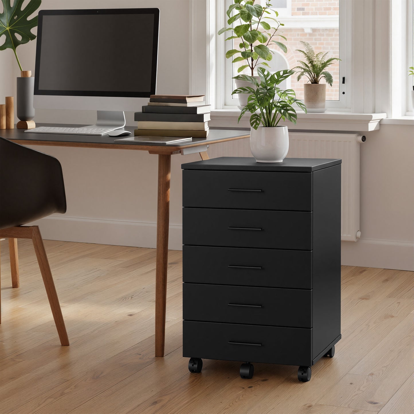 File Cabinet, Mobile Pedestal Filing Cabinet with Wheels & 5 Drawers, Printer Stand with Tool-Free Slides, for Home Office, Ink Black