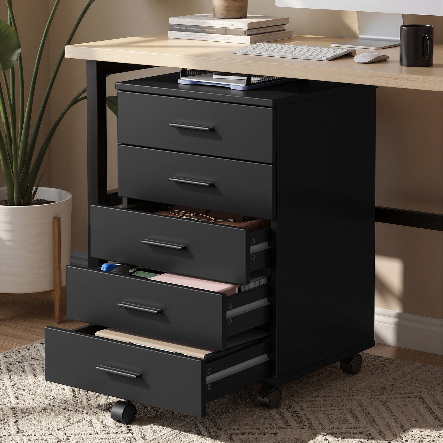 File Cabinet, Mobile Pedestal Filing Cabinet with Wheels & 5 Drawers, Printer Stand with Tool-Free Slides, for Home Office, Ink Black