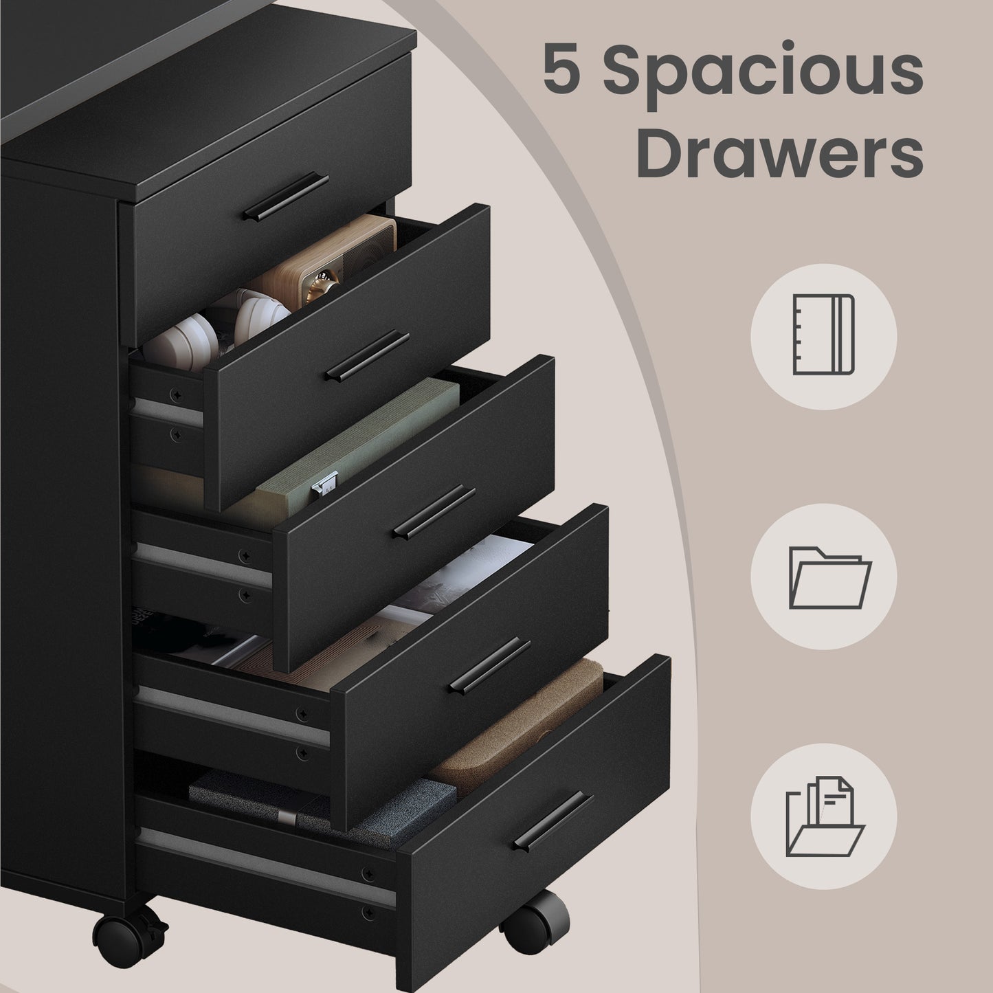 File Cabinet, Mobile Pedestal Filing Cabinet with Wheels & 5 Drawers, Printer Stand with Tool-Free Slides, for Home Office, Ink Black