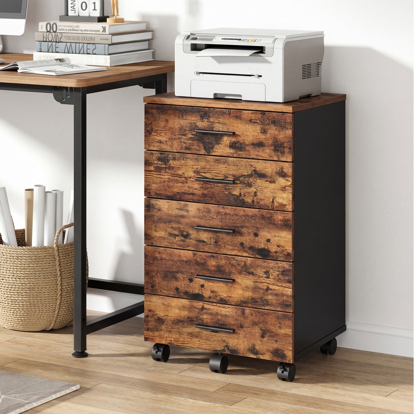 File Cabinet, Mobile Pedestal Filing Cabinet with Wheels & 6 Drawers, Printer Stand with Tool-Free Slides, for Home Office,Rustic Brown