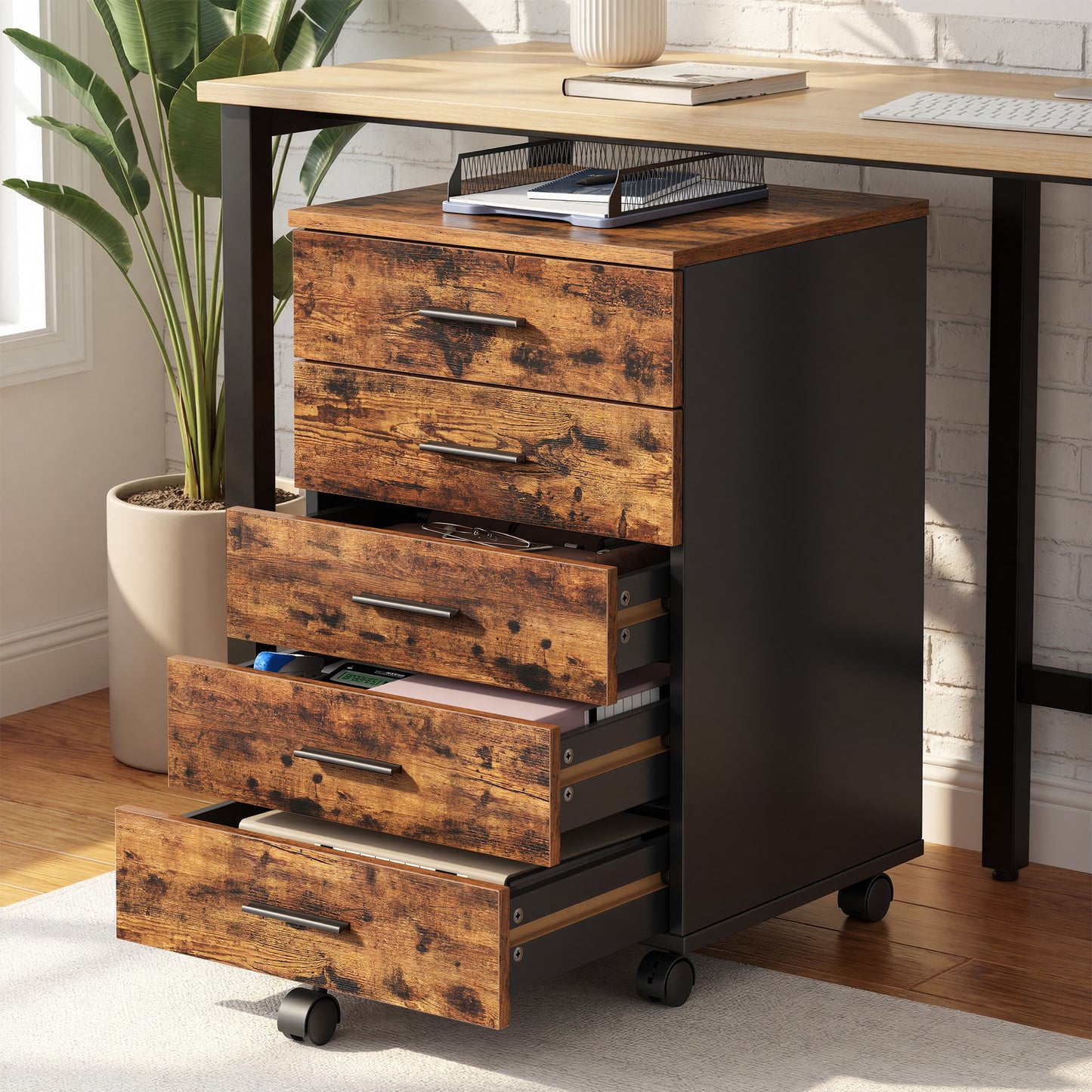 File Cabinet, Mobile Pedestal Filing Cabinet with Wheels & 6 Drawers, Printer Stand with Tool-Free Slides, for Home Office,Rustic Brown