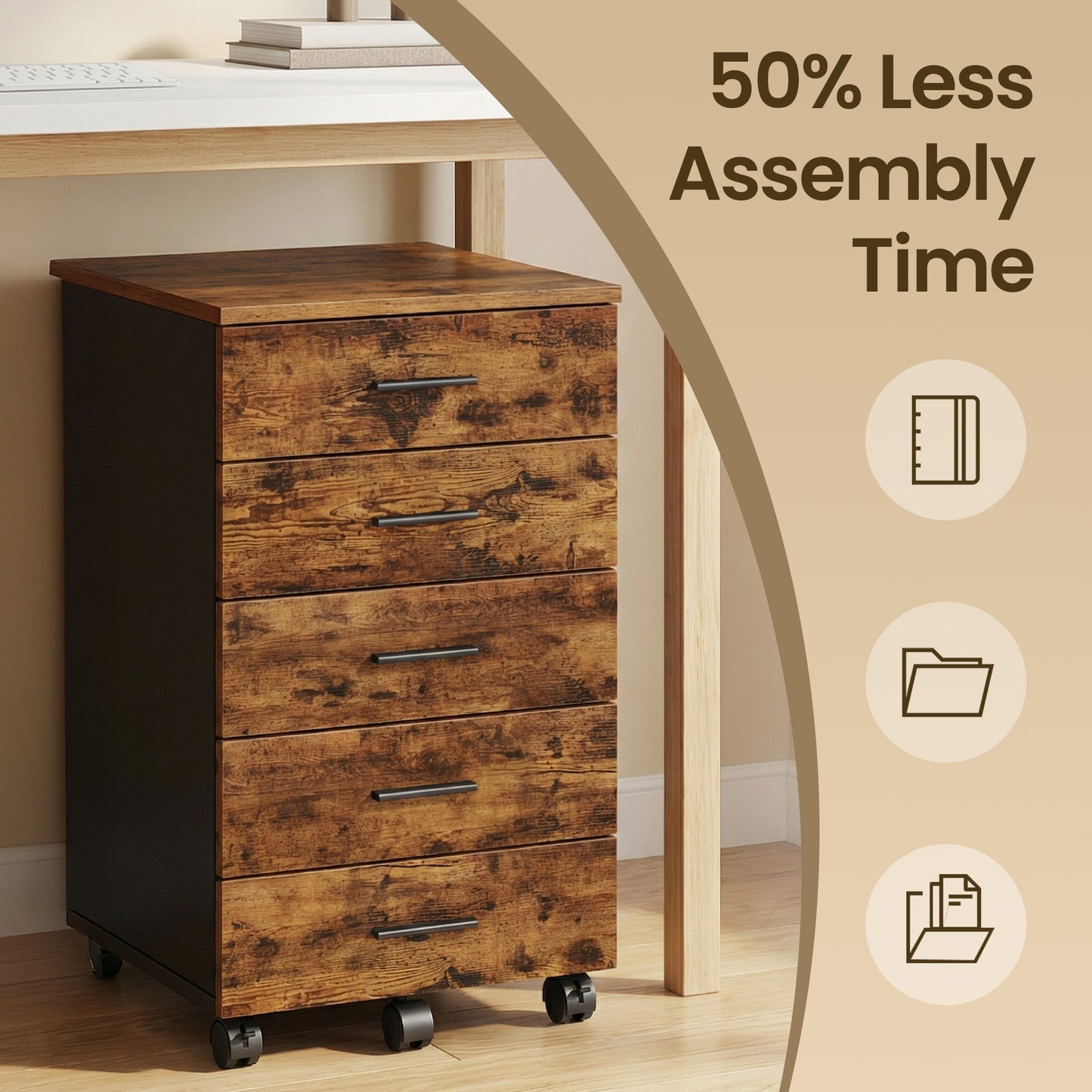 File Cabinet, Mobile Pedestal Filing Cabinet with Wheels & 6 Drawers, Printer Stand with Tool-Free Slides, for Home Office,Rustic Brown