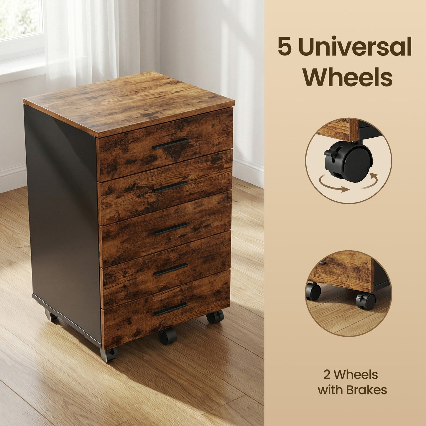 File Cabinet, Mobile Pedestal Filing Cabinet with Wheels & 6 Drawers, Printer Stand with Tool-Free Slides, for Home Office,Rustic Brown
