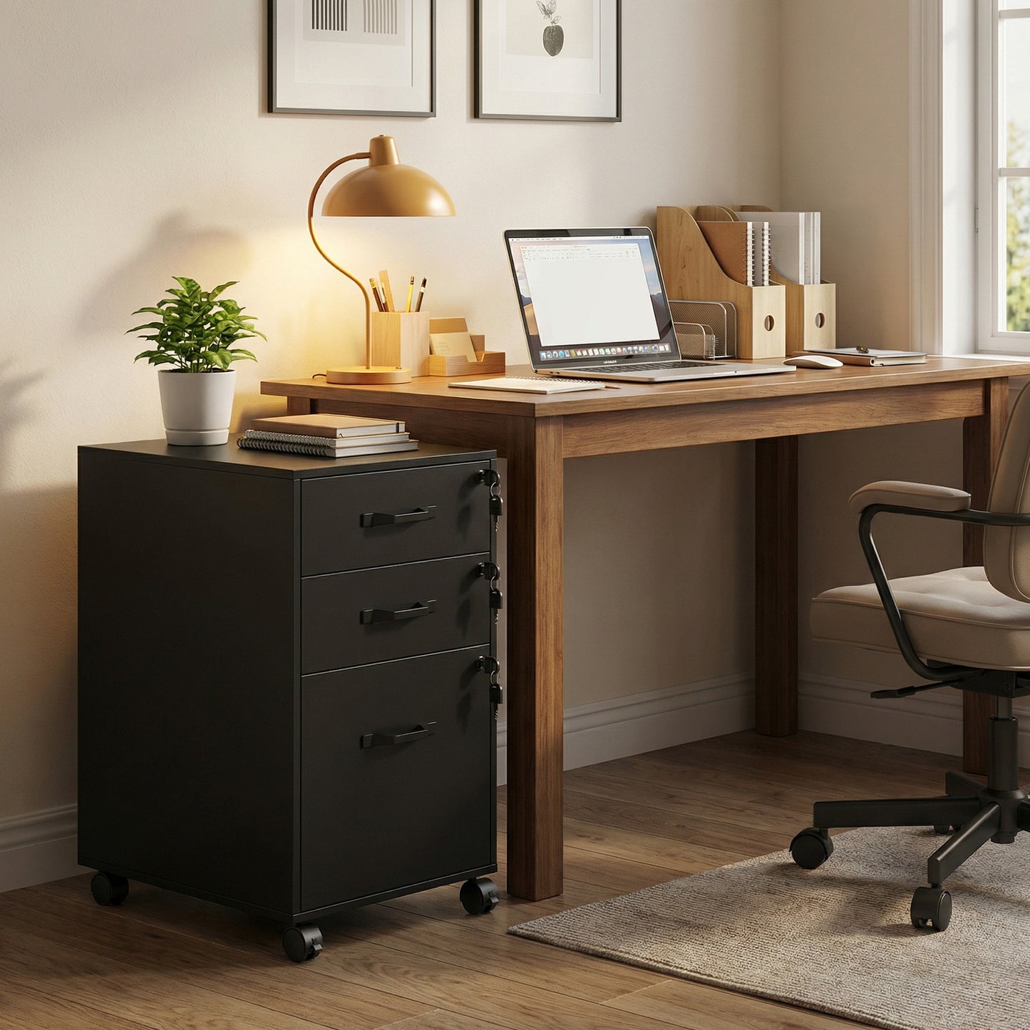 Mobile File Cabinet, 3-Drawer Lockable Filing Cabinet with Wheels, for Home Office, Adjustable Rail for A4 Letter Folders, Ink Black