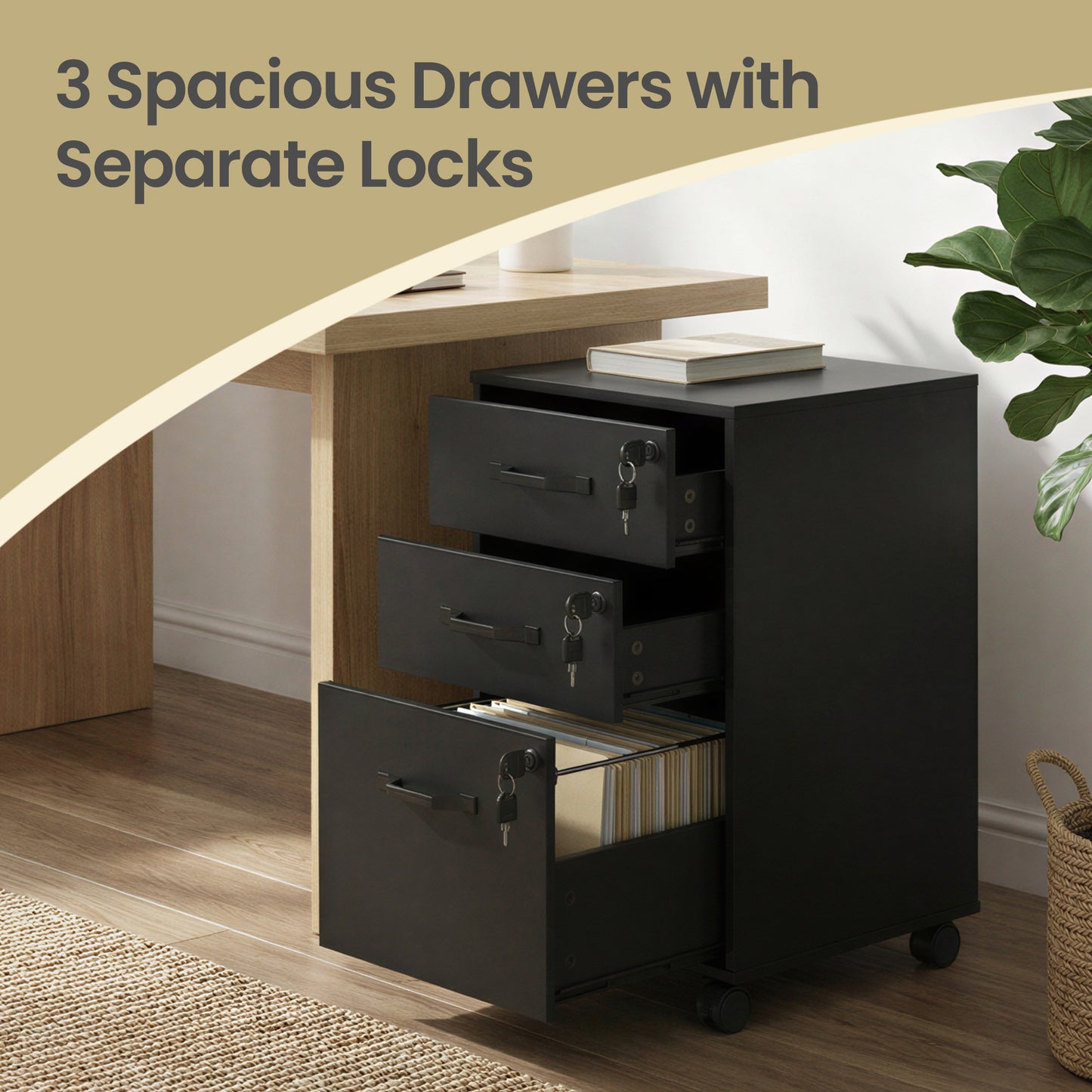Mobile File Cabinet, 3-Drawer Lockable Filing Cabinet with Wheels, for Home Office, Adjustable Rail for A4 Letter Folders, Ink Black