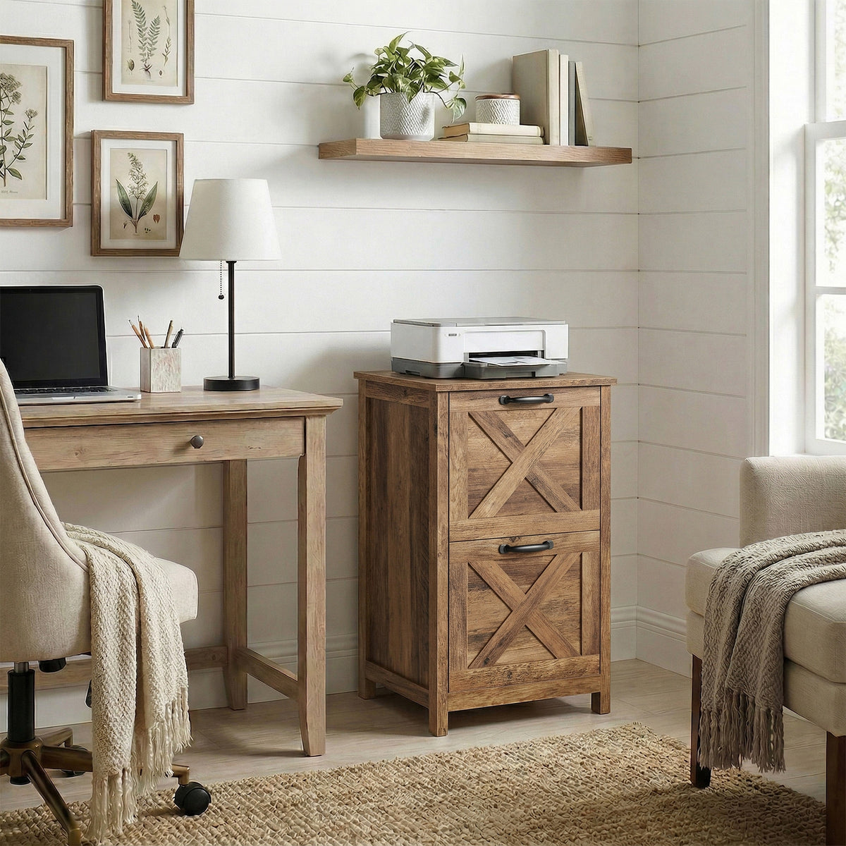 LEDREM File Cabinet, 2-Drawer Office Storage Cabinet, Adjustable Rail, Printer Stand for Study, Farmhouse, Honey Brown
