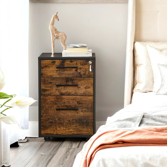 File Cabinet with Lock, 3-Drawer Pre-Assembled Storage for A4, Legal, Letter Files, Mobile with Wheels & Adjustable Feet, Rustic Brown