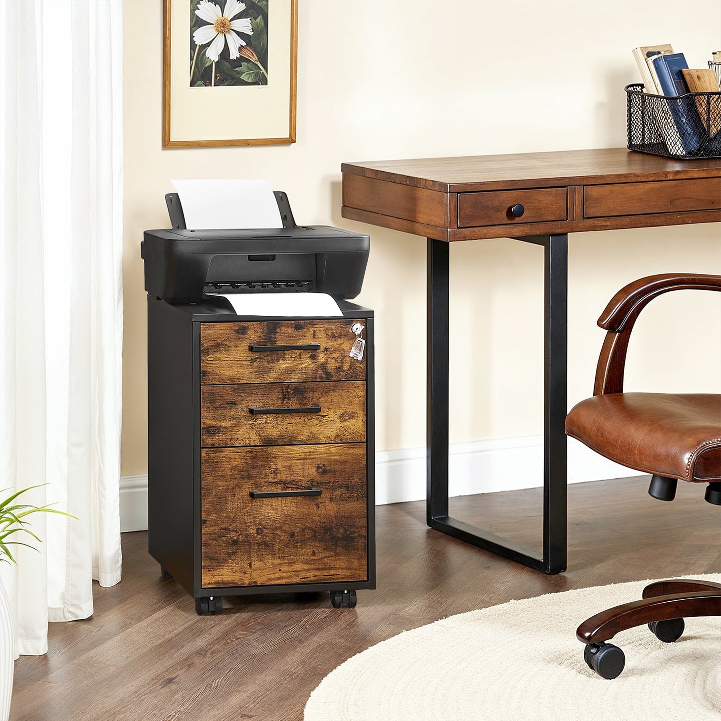 File Cabinet with Lock, 3-Drawer Pre-Assembled Storage for A4, Legal, Letter Files, Mobile with Wheels & Adjustable Feet, Rustic Brown