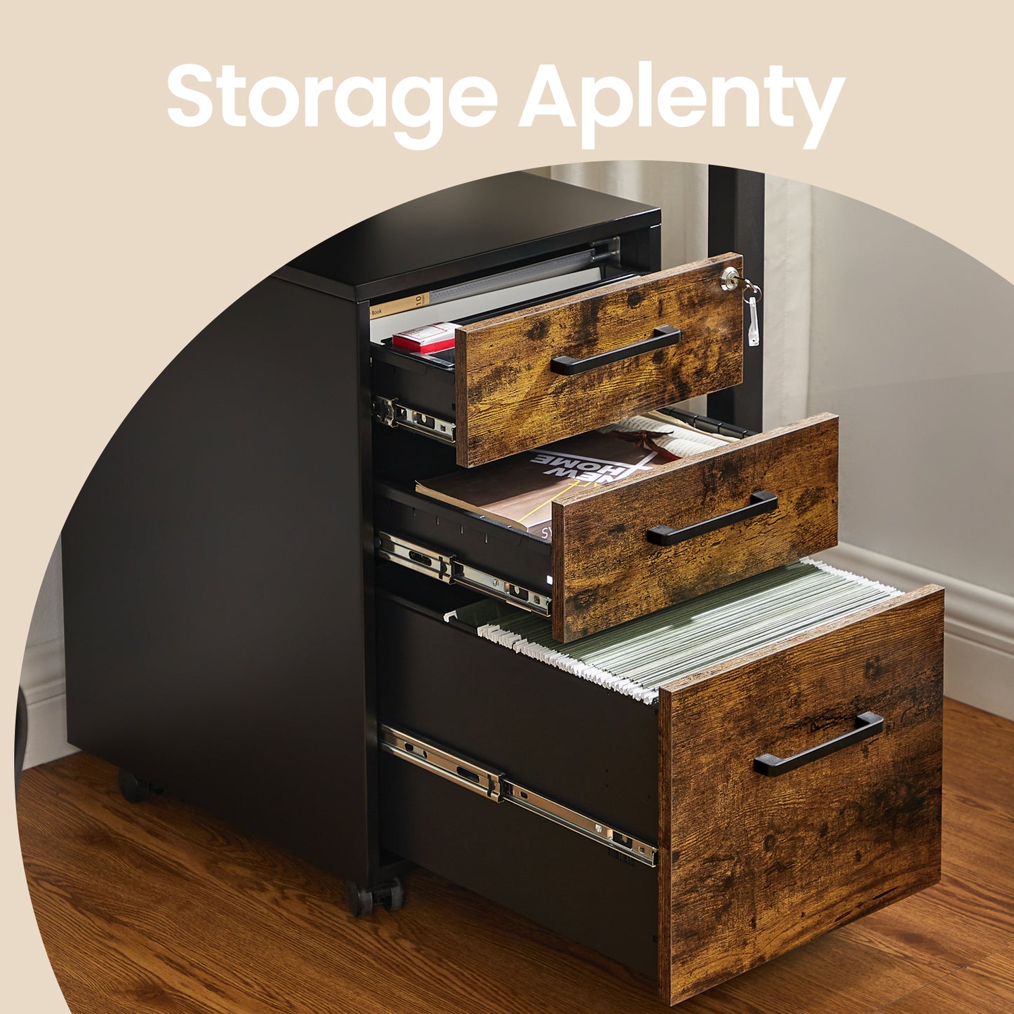 File Cabinet with Lock, 3-Drawer Pre-Assembled Storage for A4, Legal, Letter Files, Mobile with Wheels & Adjustable Feet, Rustic Brown