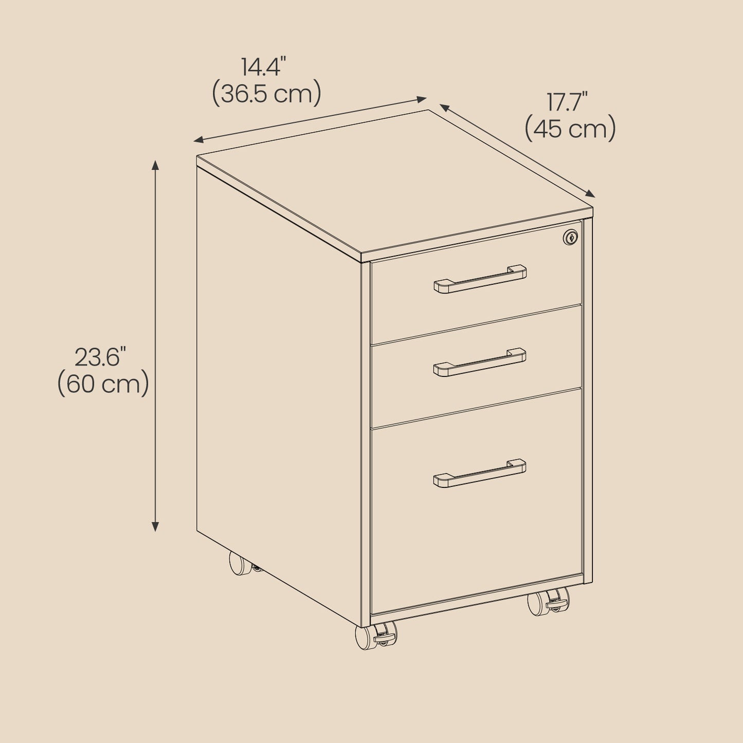 File Cabinet with Lock, 3-Drawer Pre-Assembled Storage for A4, Legal, Letter Files, Mobile with Wheels & Adjustable Feet, Rustic Brown
