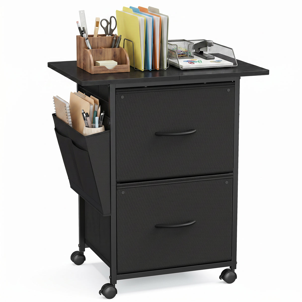 LEDREM File Cabinet, Mobile Printer Stand with 2 Fabric Drawers and Side Pockets, 23.6 x 15.7 x 26.8 Inches, Black