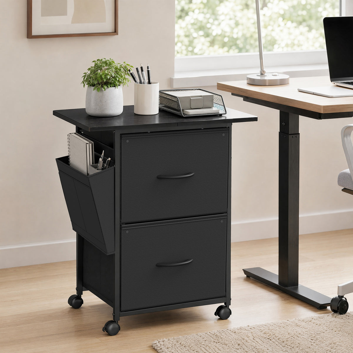 LEDREM File Cabinet, Mobile Printer Stand with 2 Fabric Drawers and Side Pockets, 23.6 x 15.7 x 26.8 Inches, Black