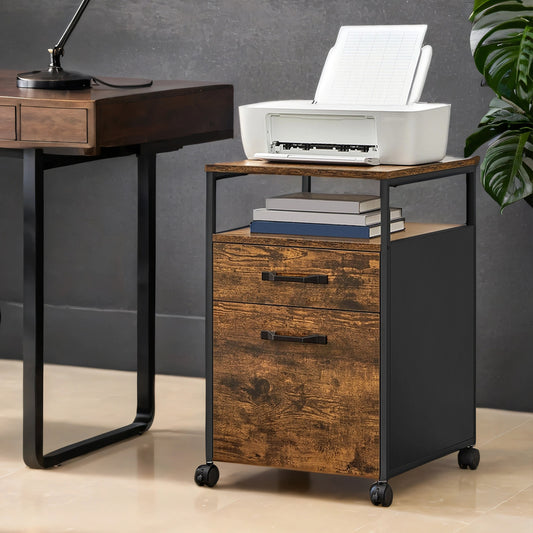 2-Drawer Mobile File Cabinet with Open Shelf, Rolling Storage Organizer for Office, A4 Letter Size, Lockable Wheels, Rustic Brown and Black