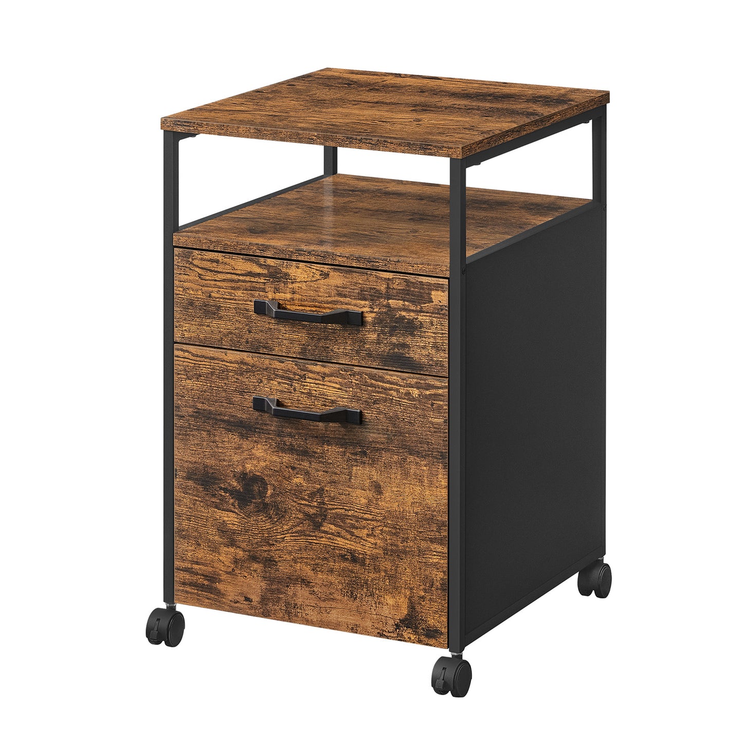 2-Drawer Mobile File Cabinet with Open Shelf, Rolling Storage Organizer for Office, A4 Letter Size, Lockable Wheels, Rustic Brown and Black