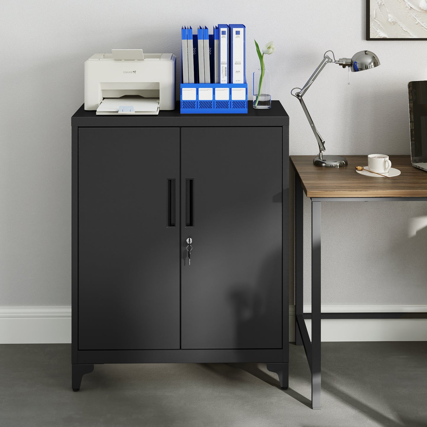 Metal Storage Cabinet with Lockable Doors and Adjustable Shelves, Garage, Office & Utility Organizer, Rust-Resistant Steel, 15.7 x 31.5 x 35.4 Inches, Black