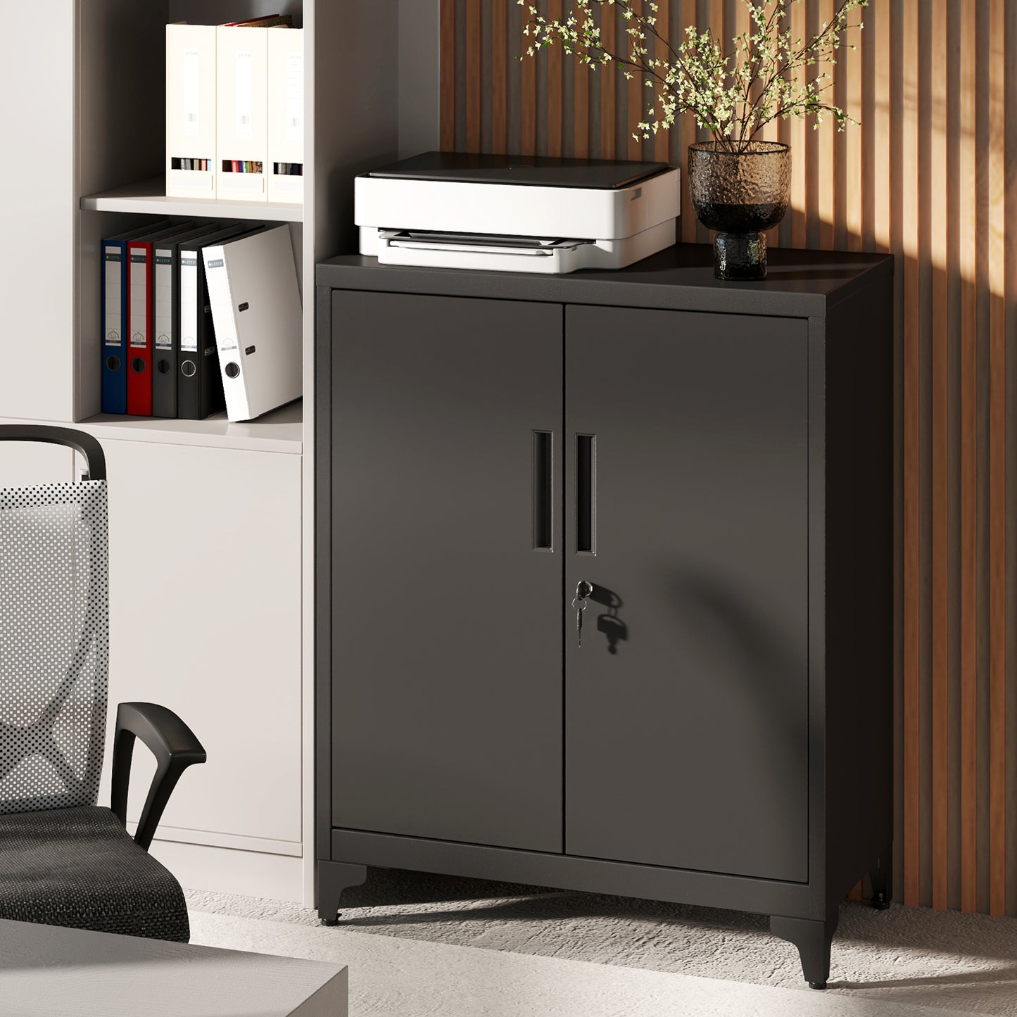 Metal Storage Cabinet with Lockable Doors and Adjustable Shelves, Garage, Office & Utility Organizer, Rust-Resistant Steel, 15.7 x 31.5 x 35.4 Inches, Black