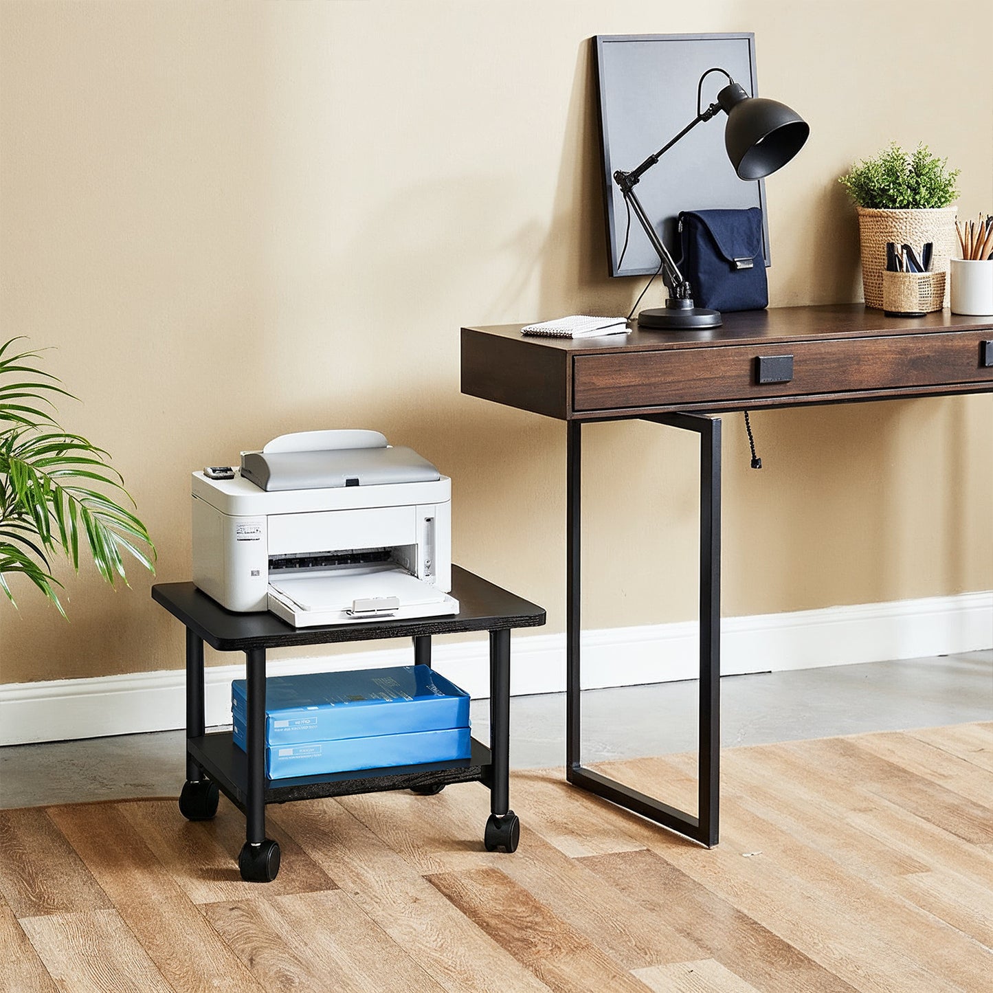 Heavy-Duty Mobile Printer Stand with Drawer, 2-Tier Industrial Cart with Locking Wheels for Home and Office, Ebony Black