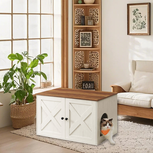Cat Litter Box Furniture Enclosure with Removable Divider, Dual-Purpose Indoor Cat House & End Table, 31.5" x 20.9" x 19.7", Honey Brown and Rustic White