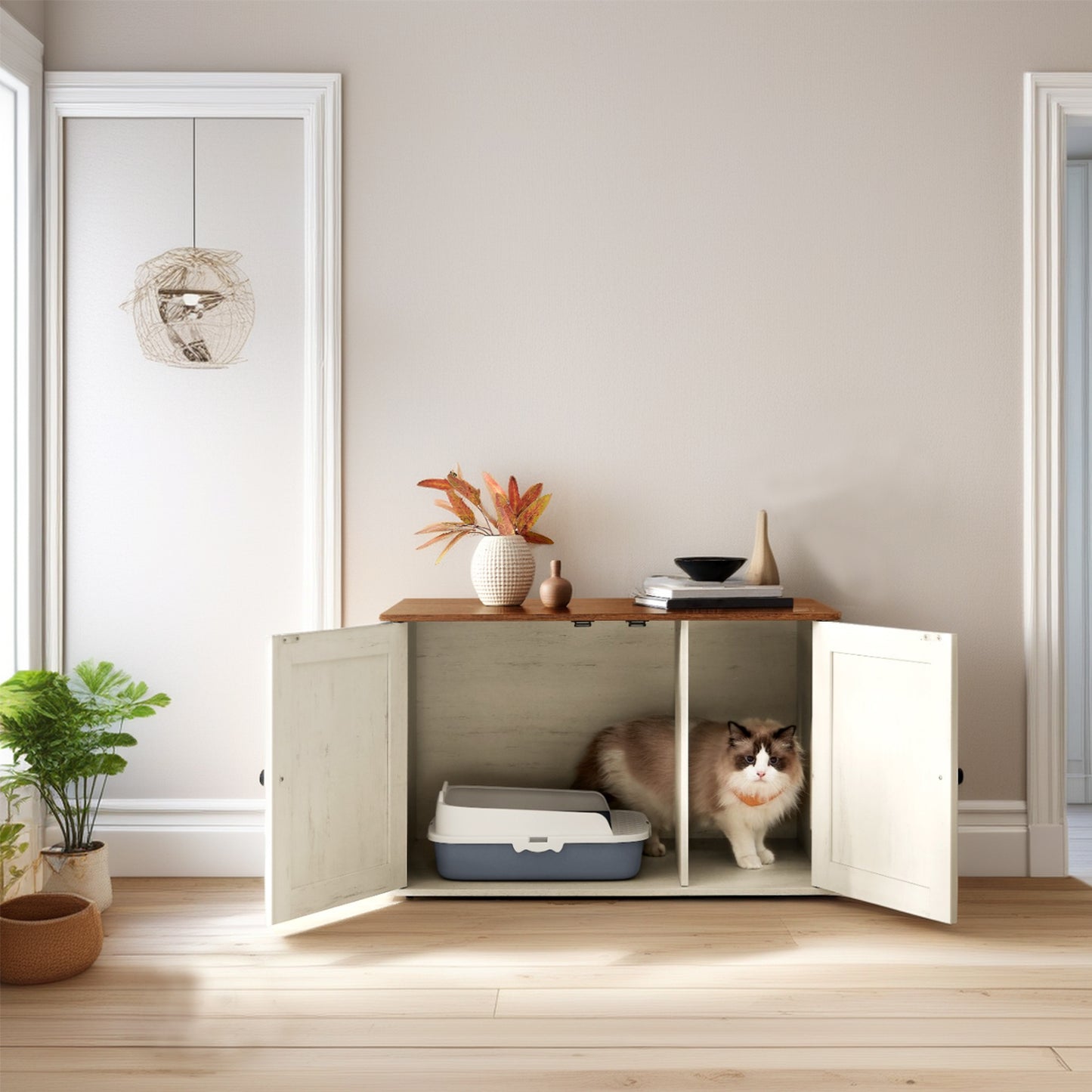 Cat Litter Box Furniture Enclosure with Removable Divider, Dual-Purpose Indoor Cat House & End Table, 31.5" x 20.9" x 19.7", Honey Brown and Rustic White
