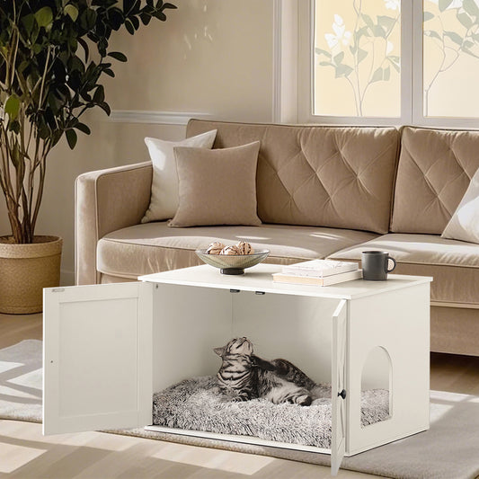 Cat Litter Box Furniture Enclosure with Barn Doors & Removable Divider, Multi-Functional End Table for Indoor Cats, 31.5x20.9x19.7 Inches, White