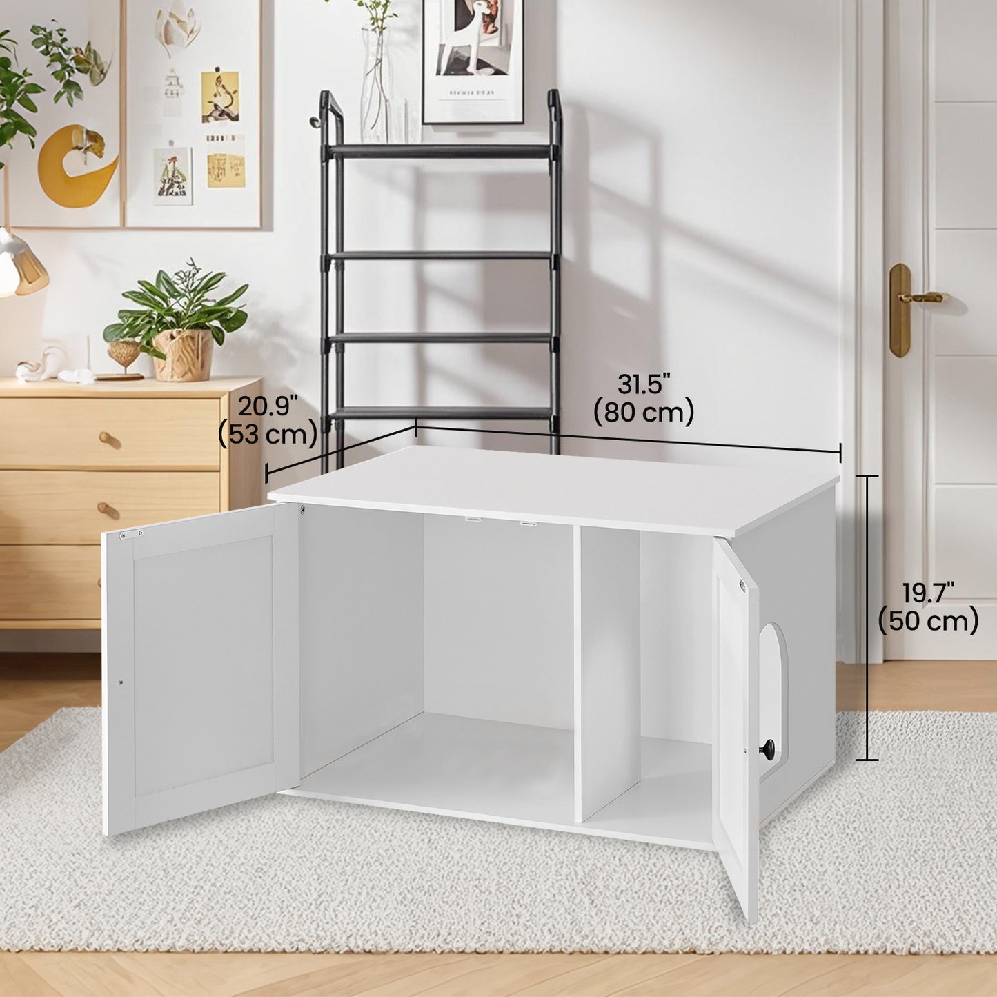 Cat Litter Box Furniture Enclosure with Barn Doors & Removable Divider, Multi-Functional End Table for Indoor Cats, 31.5x20.9x19.7 Inches, White