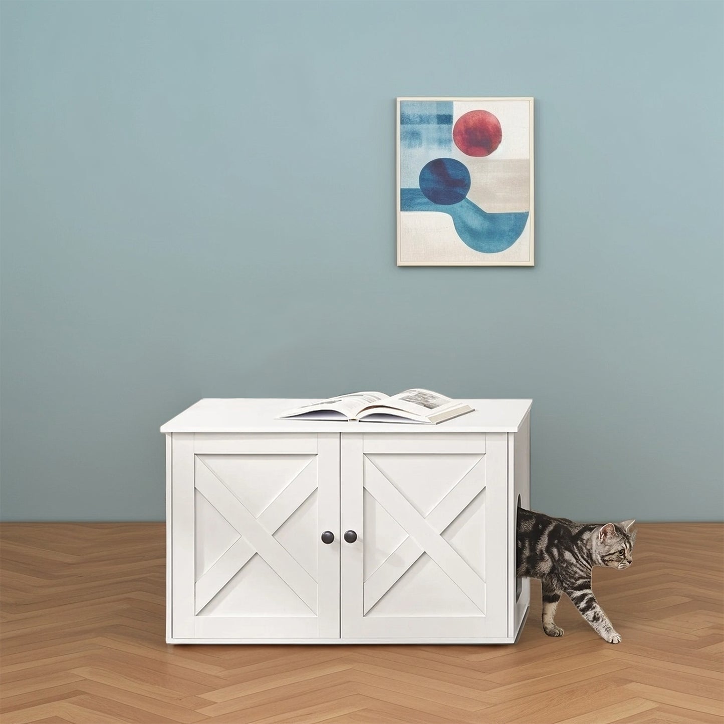 Cat Litter Box Furniture Enclosure with Barn Doors & Removable Divider, Multi-Functional End Table for Indoor Cats, 31.5x20.9x19.7 Inches, White