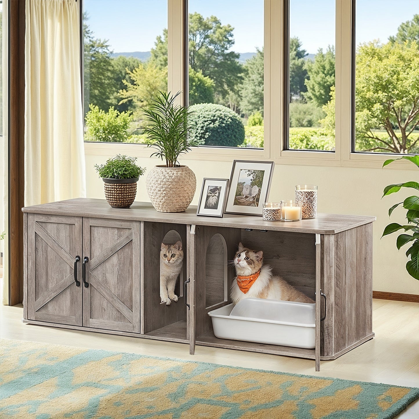 Double Cat Litter Box Enclosure for 2 Cats, Hidden Litter Box Furniture with Front Entry, Side End Table & TV Stand, 59 x 19.5 x 19 Inches, Heather Greige