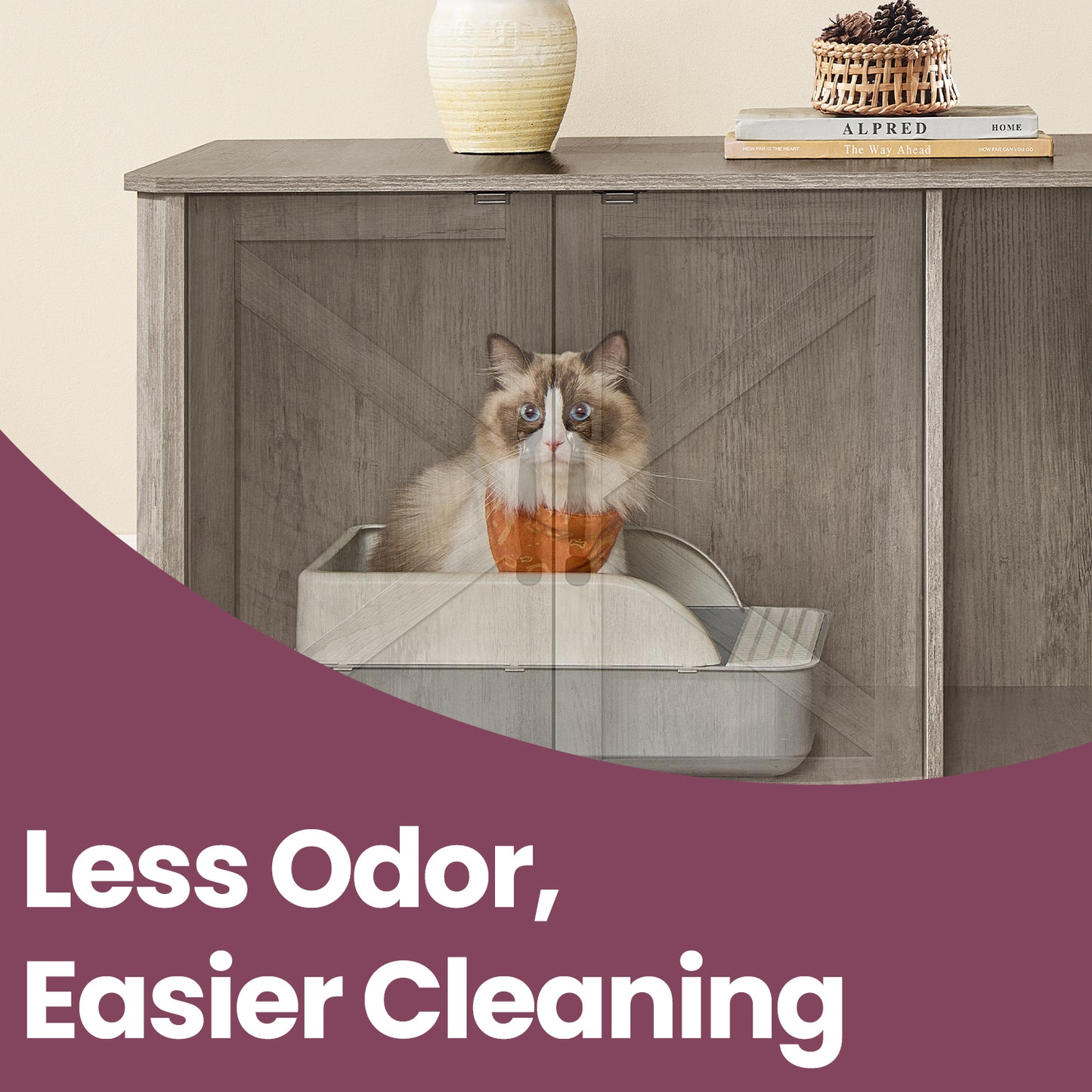 Single Cat Litter Box Enclosure with Front Entry, Hidden Litter Box Furniture with Double Doors, Side End Table, 33.5 x 19.5 x 19 Inches, Heather Greige