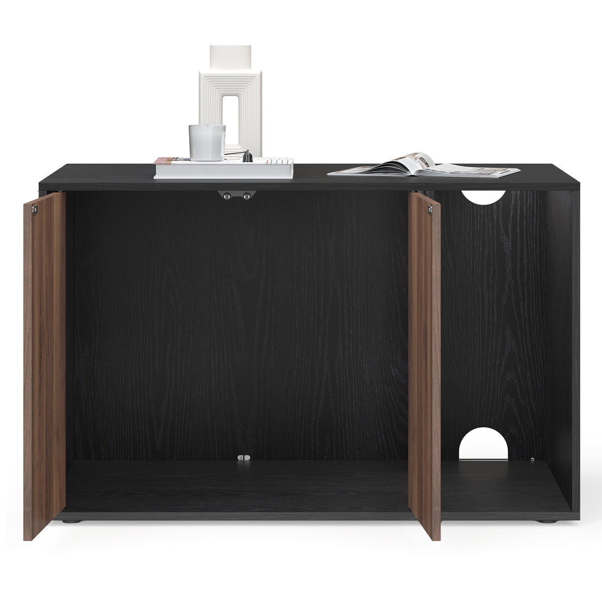 Cat House, Snapsemble Superfast Assembly, Cat Litter Box Enclosure for Large Cats, Push-to-Open Doors, Black and Walnut