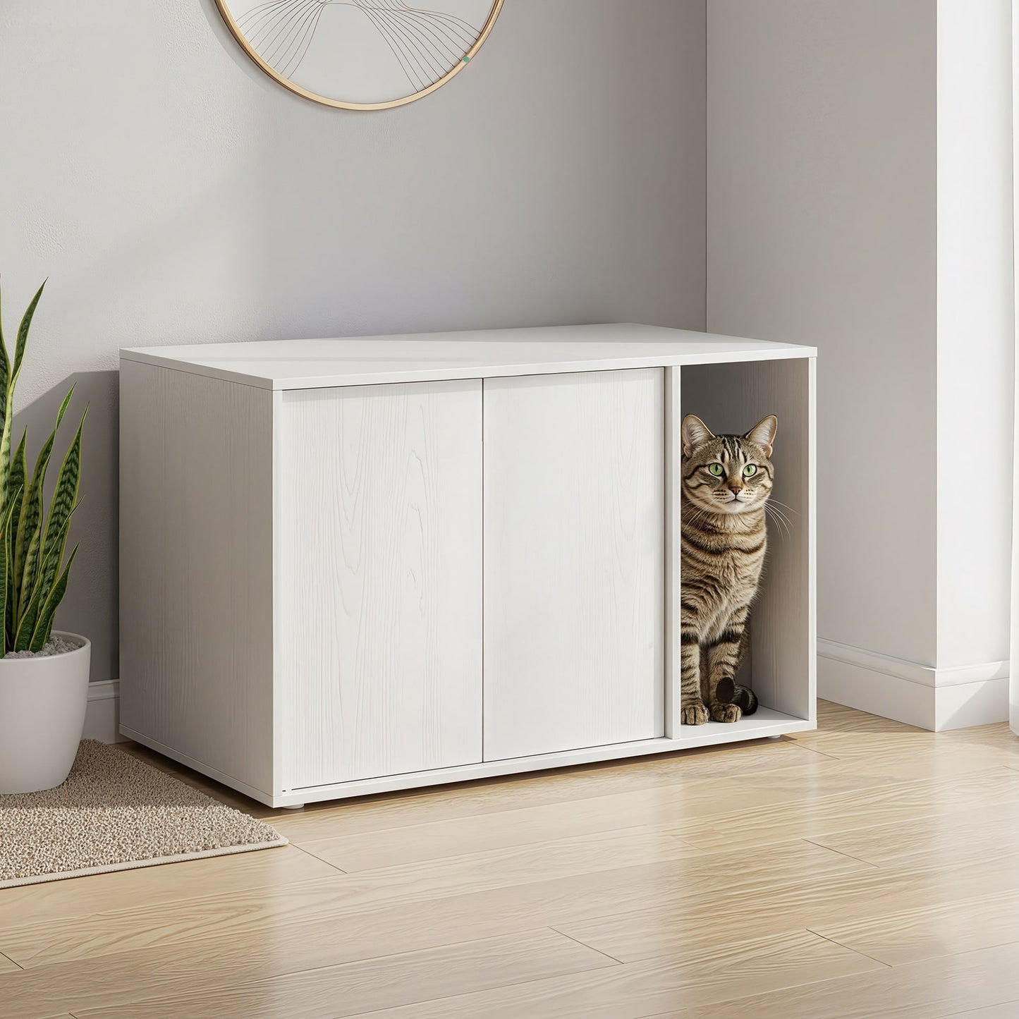 Cat House, Snapsemble Superfast Assembly, Cat Litter Box Enclosure for Large Cats, Push-to-Open Doors, Snow White