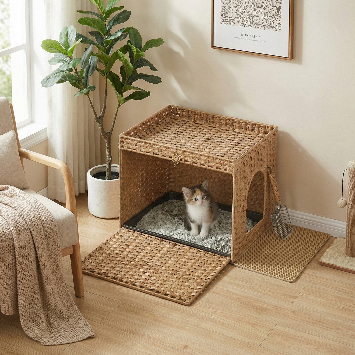 Handwoven Rattan Cat Litter Box Enclosure, Hidden Litter Box Furniture with Removable Tray & Mat, Boho End Table, Goose Yellow