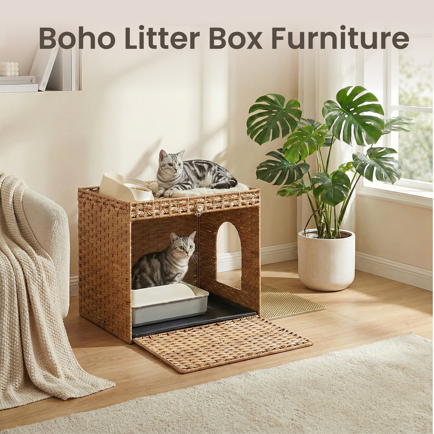 Handwoven Rattan Cat Litter Box Enclosure, Hidden Litter Box Furniture with Removable Tray & Mat, Boho End Table, Goose Yellow