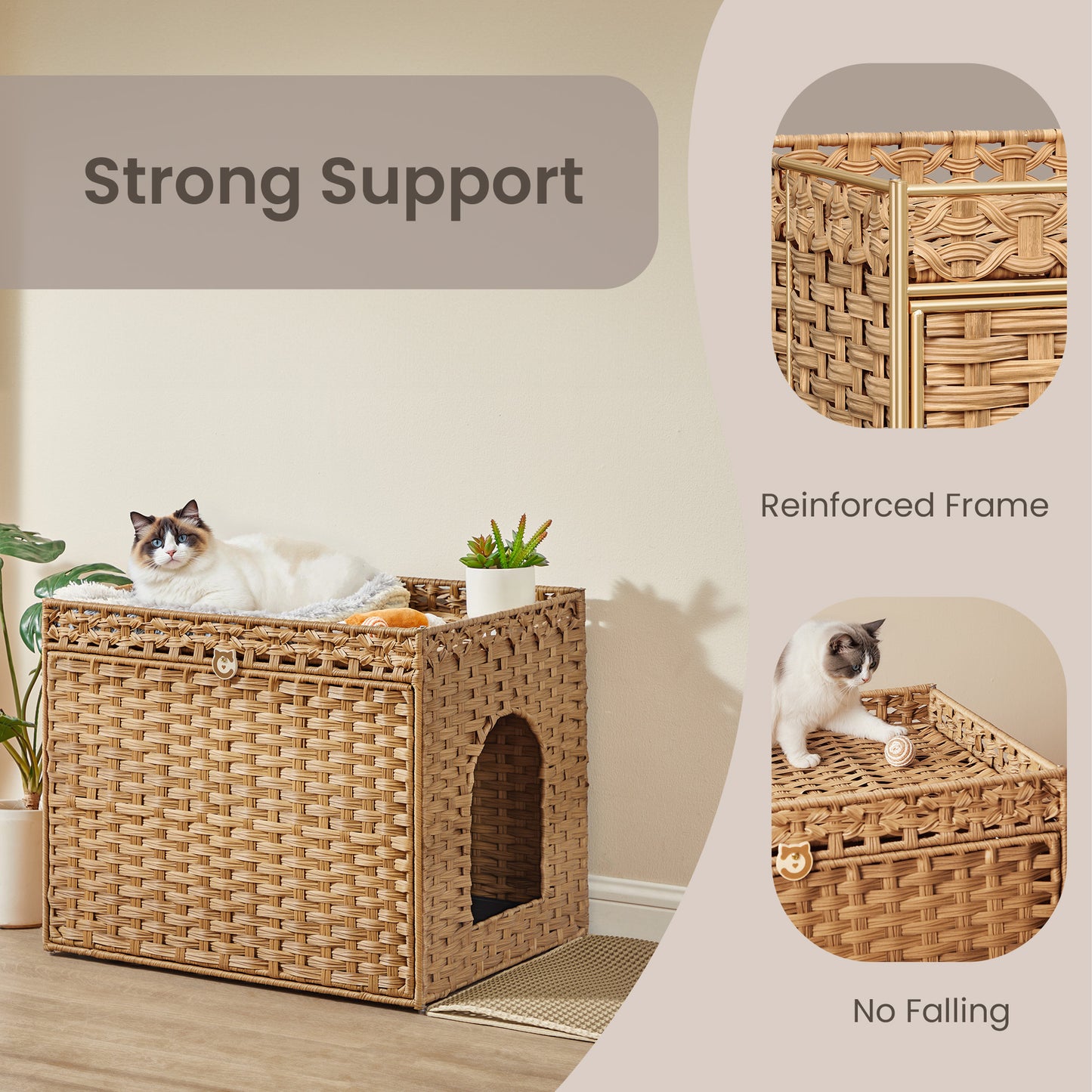 Handwoven Rattan Cat Litter Box Enclosure, Hidden Litter Box Furniture with Removable Tray & Mat, Boho End Table, Goose Yellow