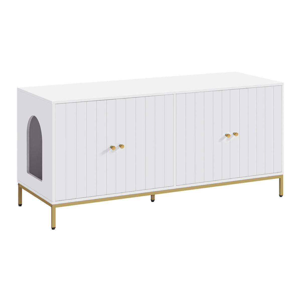 Double Litter Box Enclosure for 2 Cats, Modern Cat Litter Box Furniture Hidden, with Scratching Mat, Tall Legs, White and Gold