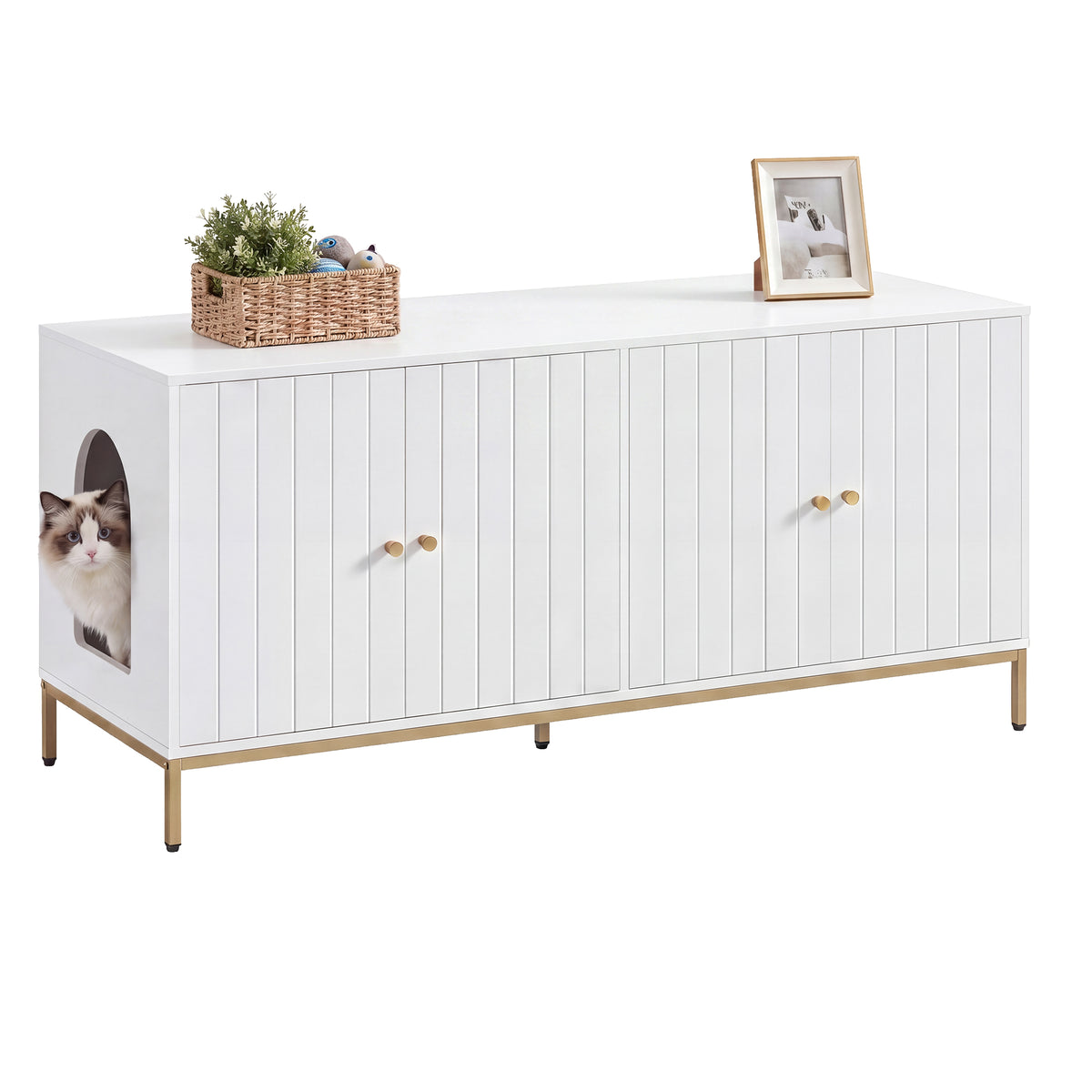 Double Litter Box Enclosure for 2 Cats, Modern Cat Litter Box Furniture Hidden, with Scratching Mat, Tall Legs, White and Gold