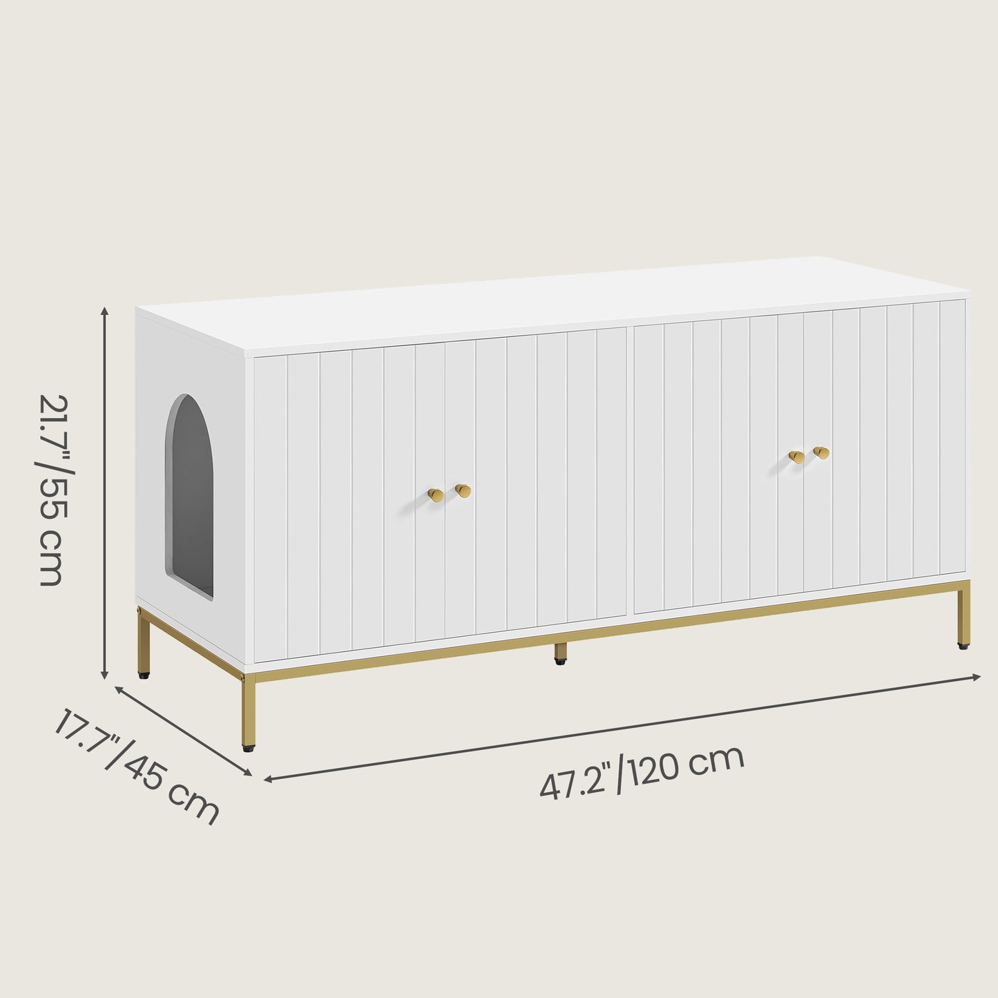 Double Litter Box Enclosure for 2 Cats, Modern Cat Litter Box Furniture Hidden, with Scratching Mat, Tall Legs, White and Gold