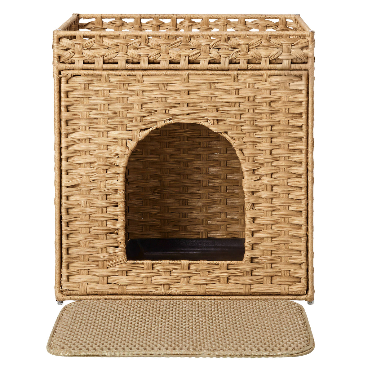 Handwoven Rattan Cat Litter Box Enclosure, Hidden Litter Furniture with Removable Tray, Extra Mat, Boho Cat House End Table, Goose Yellow