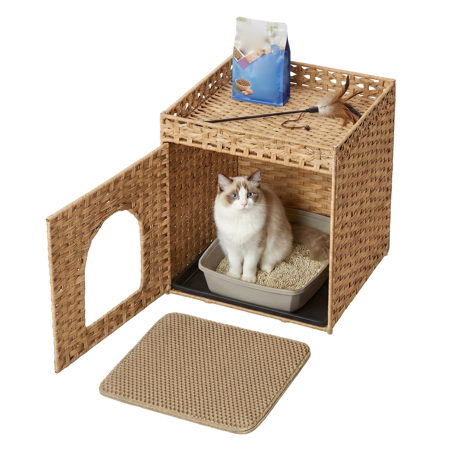 Handwoven Rattan Cat Litter Box Enclosure, Hidden Litter Furniture with Removable Tray, Extra Mat, Boho Cat House End Table, Goose Yellow