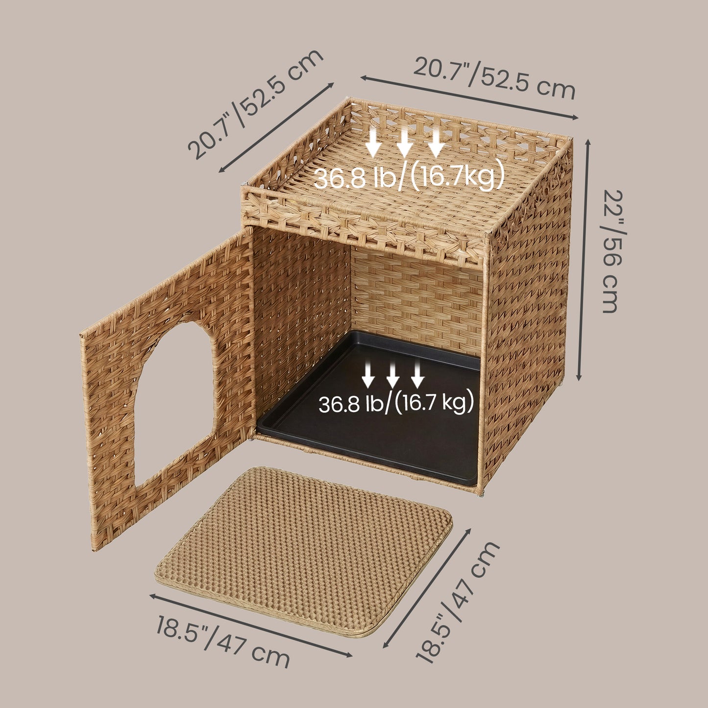Handwoven Rattan Cat Litter Box Enclosure, Hidden Litter Furniture with Removable Tray, Extra Mat, Boho Cat House End Table, Goose Yellow
