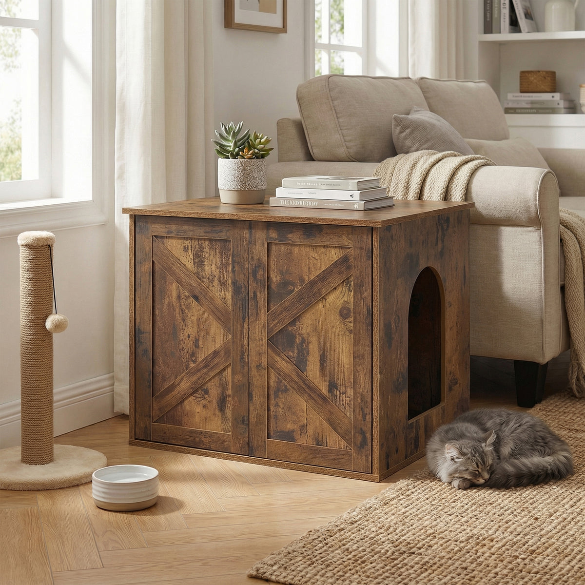 Pet House End Table, Litter Box Cabinet, Hidden Cat Litter Box, 23.6 x 19.7 x 19.7 Inches, Tan