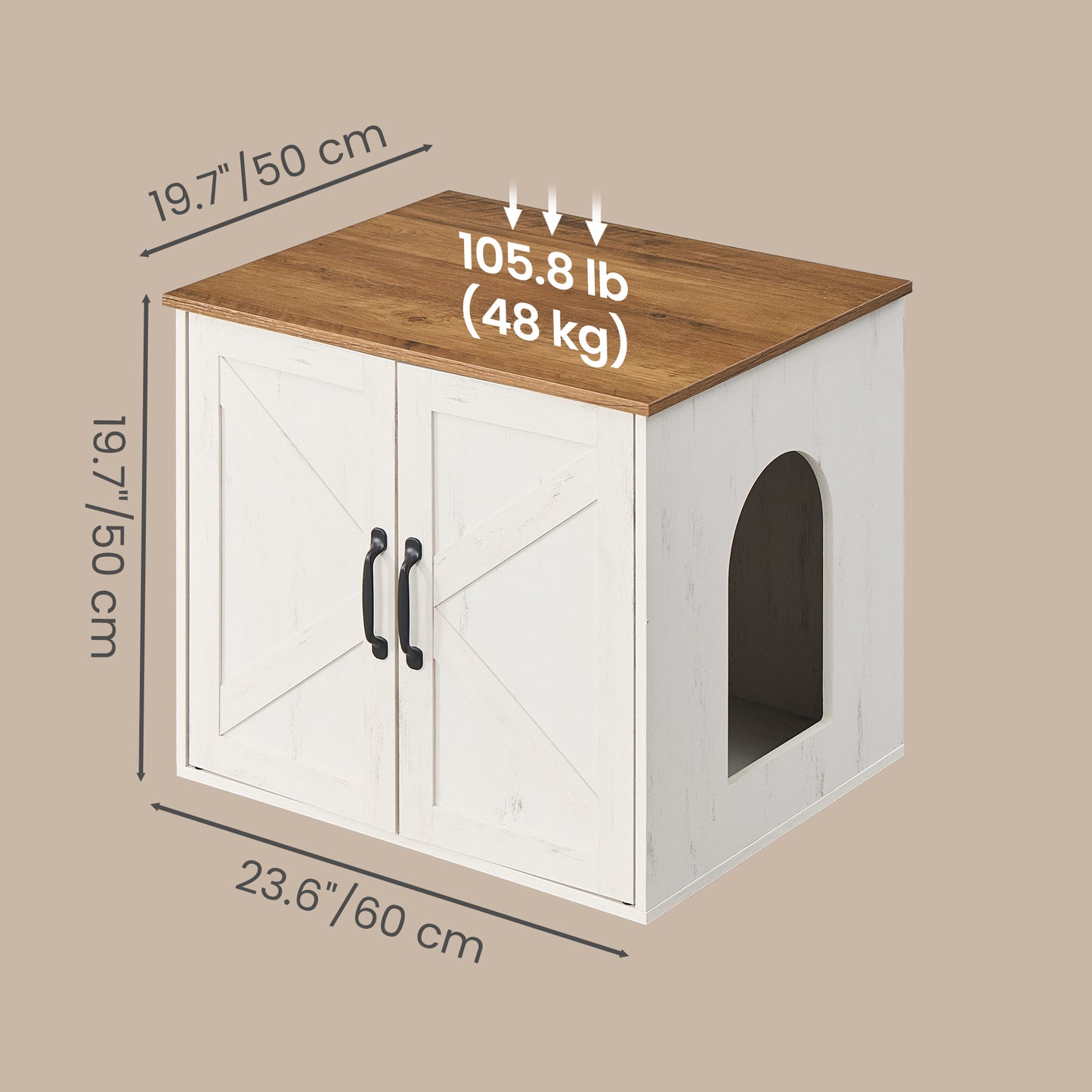 Pet House End Table, Litter Box Cabinet, Hidden Cat Litter Box, 23.6 x 19.7 x 19.7 Inches, White and Brown