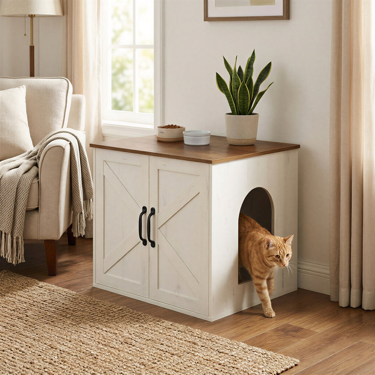 Pet House End Table, Litter Box Cabinet, Hidden Cat Litter Box, 23.6 x 19.7 x 19.7 Inches, White and Brown