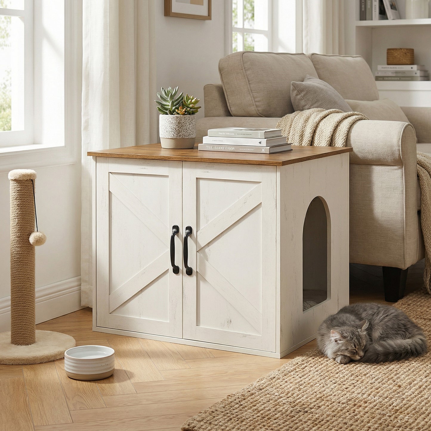 Pet House End Table, Litter Box Cabinet, Hidden Cat Litter Box, 23.6 x 19.7 x 19.7 Inches, White and Brown