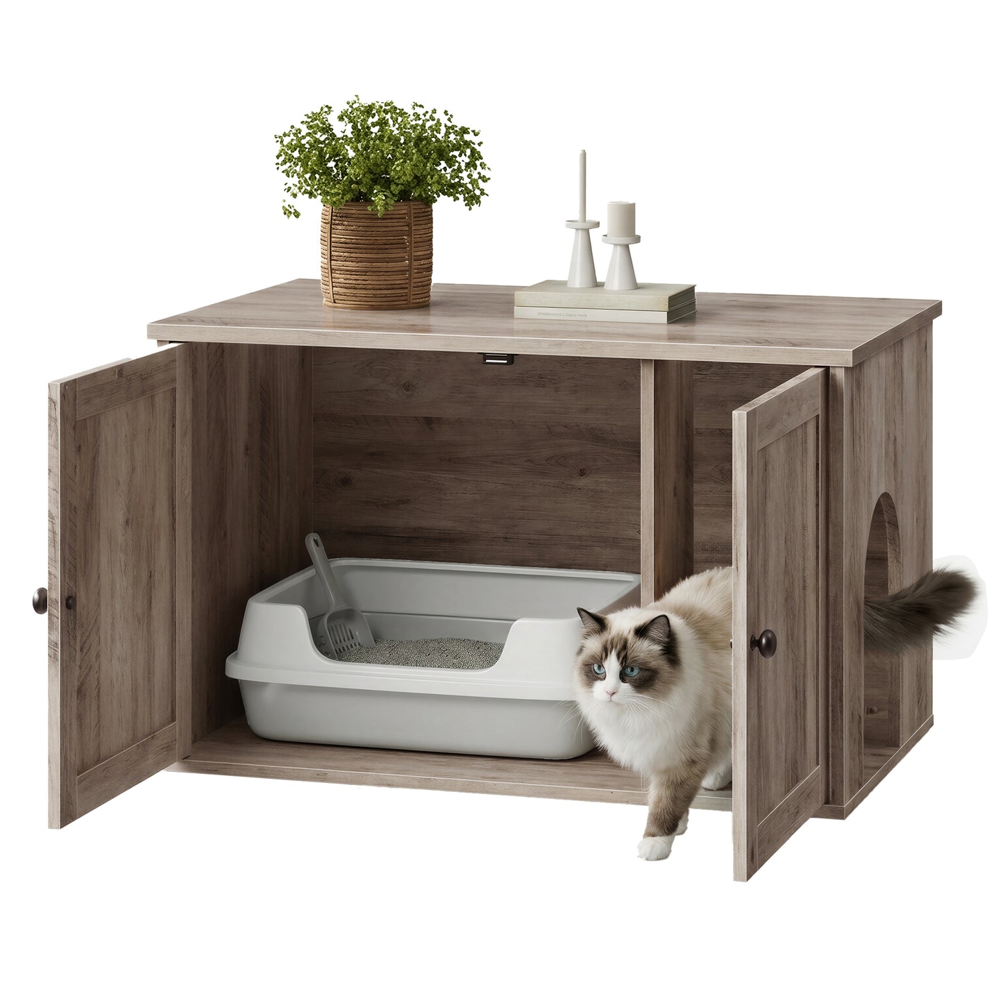 Litter Box Enclosure with Superfast Toolless Assembly, Cat Litter Box Furniture, Push-to-Open Doors, Indoor Cat House, Greige