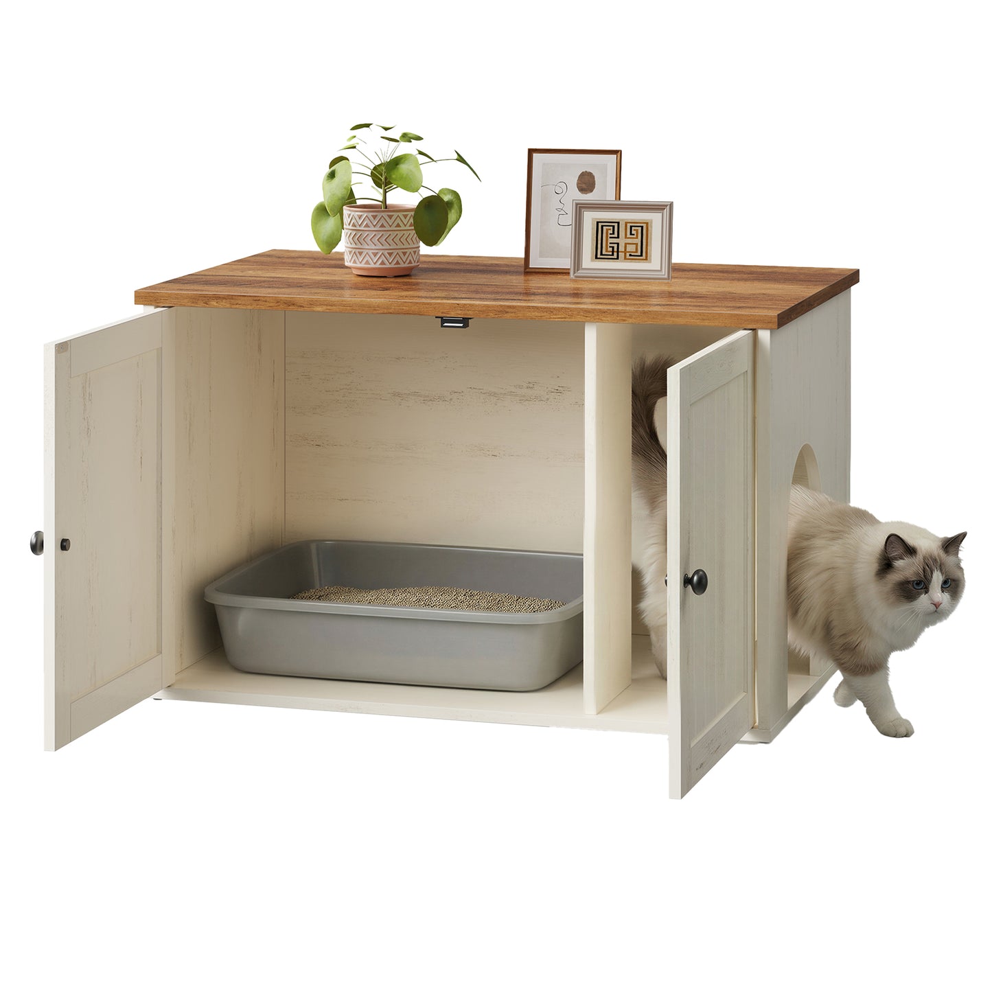Litter Box Enclosure with Toolless Assembly, Cat Washroom Furniture, Push-to-Open Doors, Indoor Cat House, Rustic White and Honey Brown